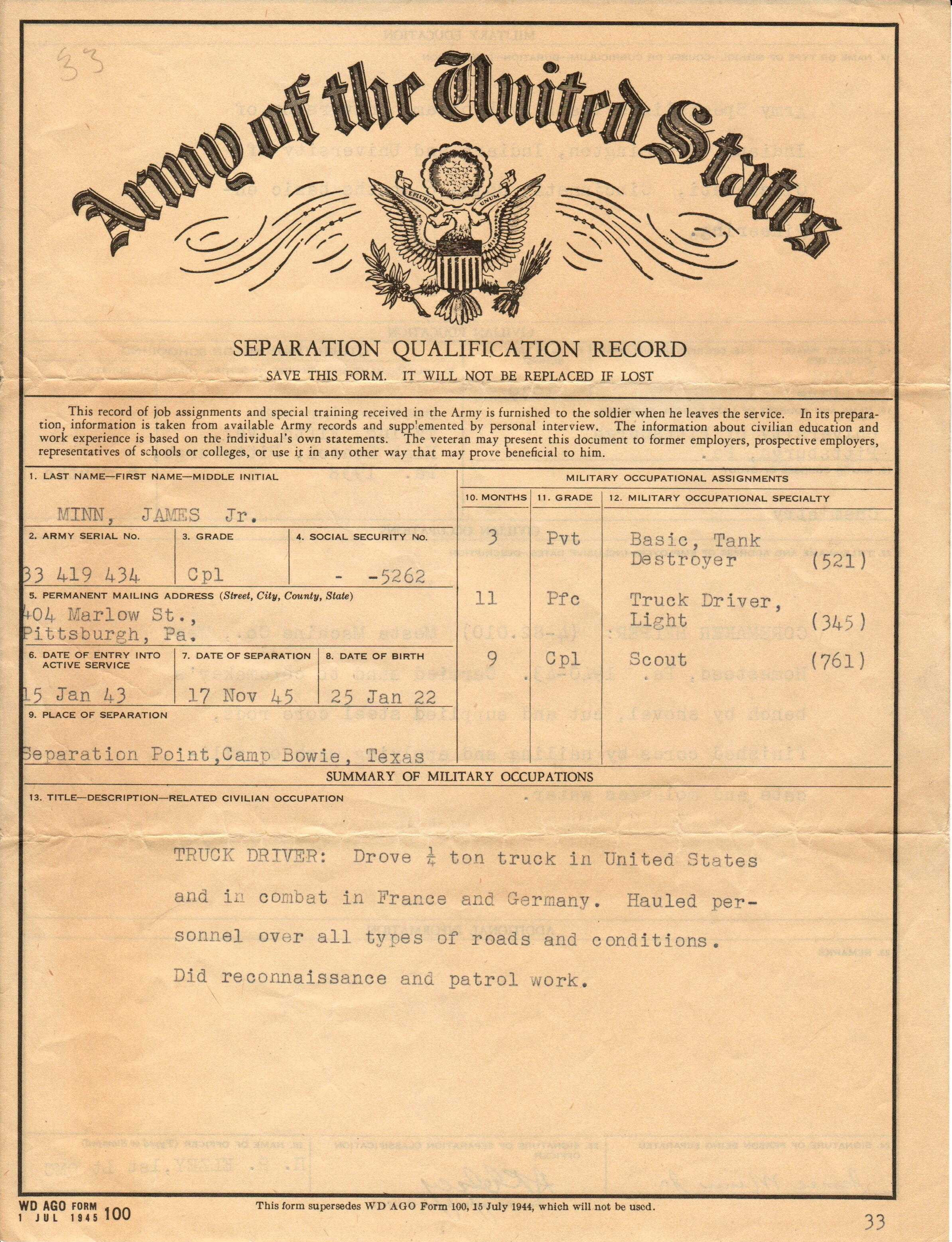 Army Separation Qualification Record